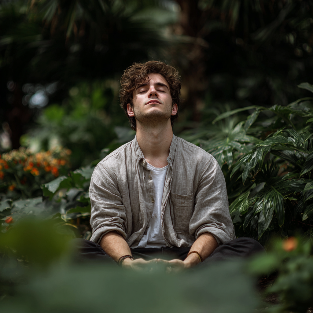 Fiatal magyar férfi meditál keresztbe tett lábbal, háttérben természetes növények, koncentrált és békés arckifejezés