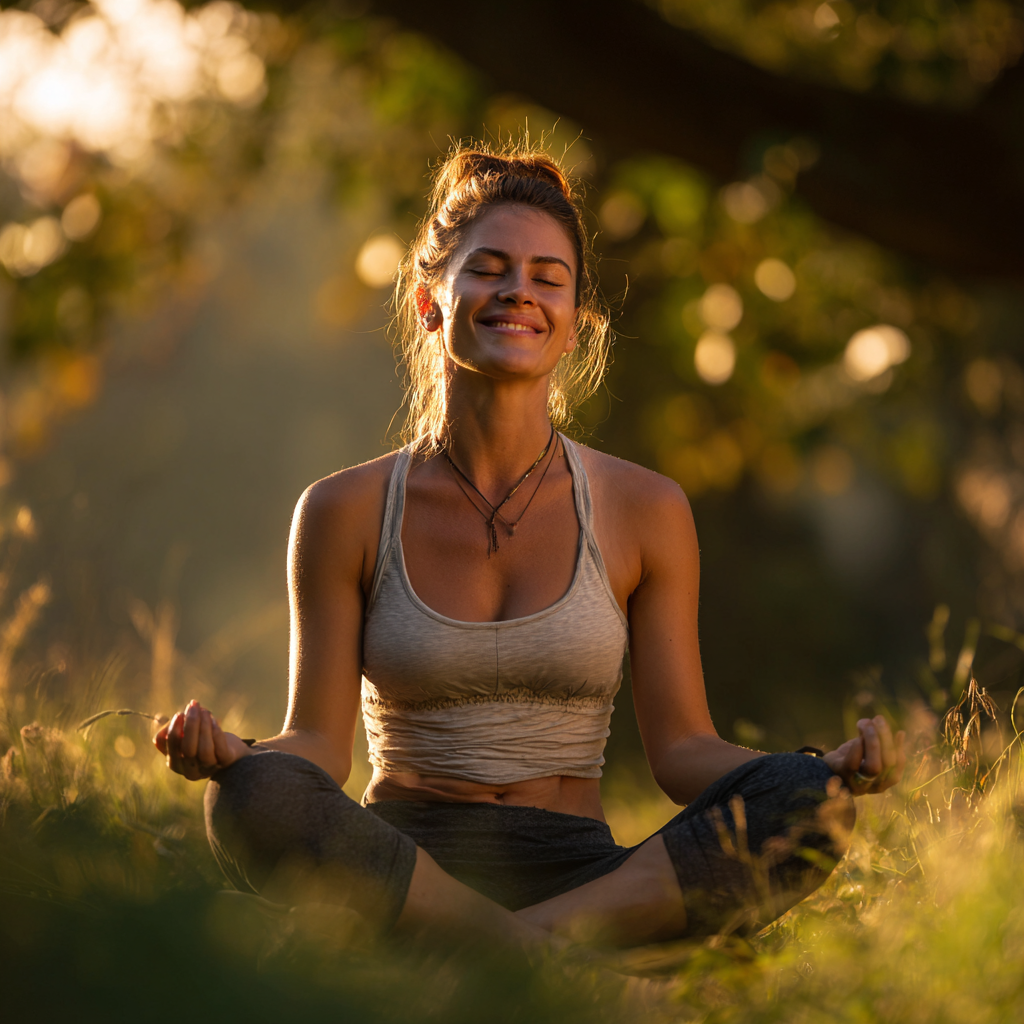 Középkorú magyar nő savasana pózban fekszik puha szőnyegen, szemei csukva, teljesen ellazult testtartás, meleg természetes fény